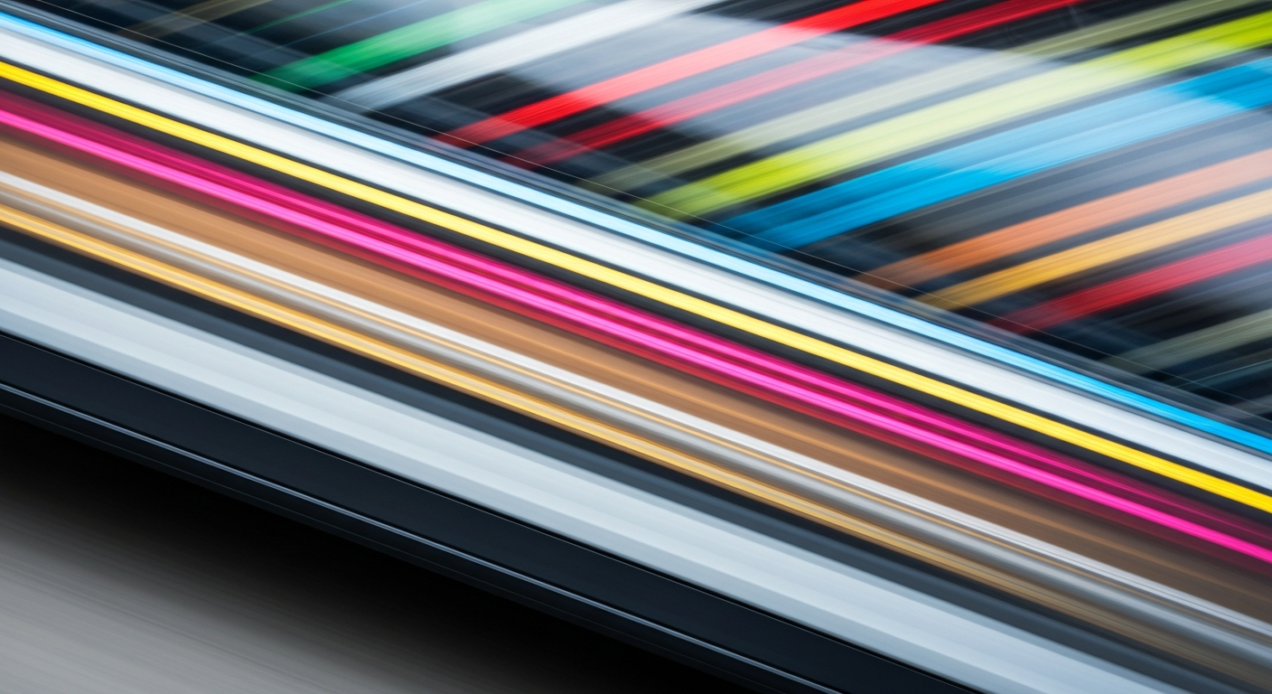 An abstract, colorful image of an electric vehicle in motion, with the car's shape blurred into sweeping streaks of vibrant hues, conveying a sense of speed and modern engineering.