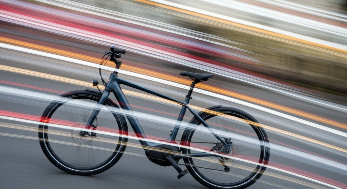 A blurred, abstract image of an electric bicycle in motion, with sweeping streaks of color representing speed and energy.