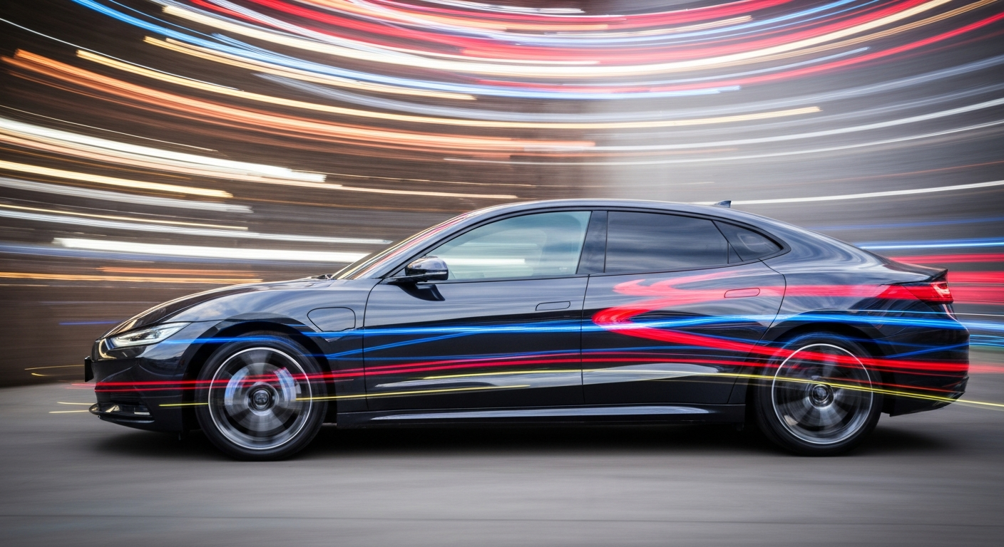 An abstract, colorful image of a sleek electric vehicle in motion, with blurred lines and shapes conveying a sense of speed and modern engineering.