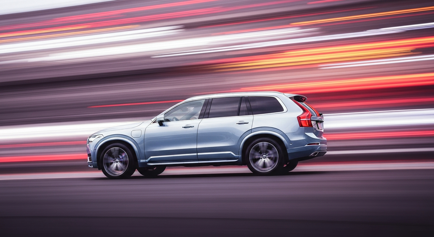 An abstract, sweeping image of a Volvo XC90 plug-in hybrid SUV, its form blurred into vibrant streaks of color, conveying a sense of speed and modern travel.
