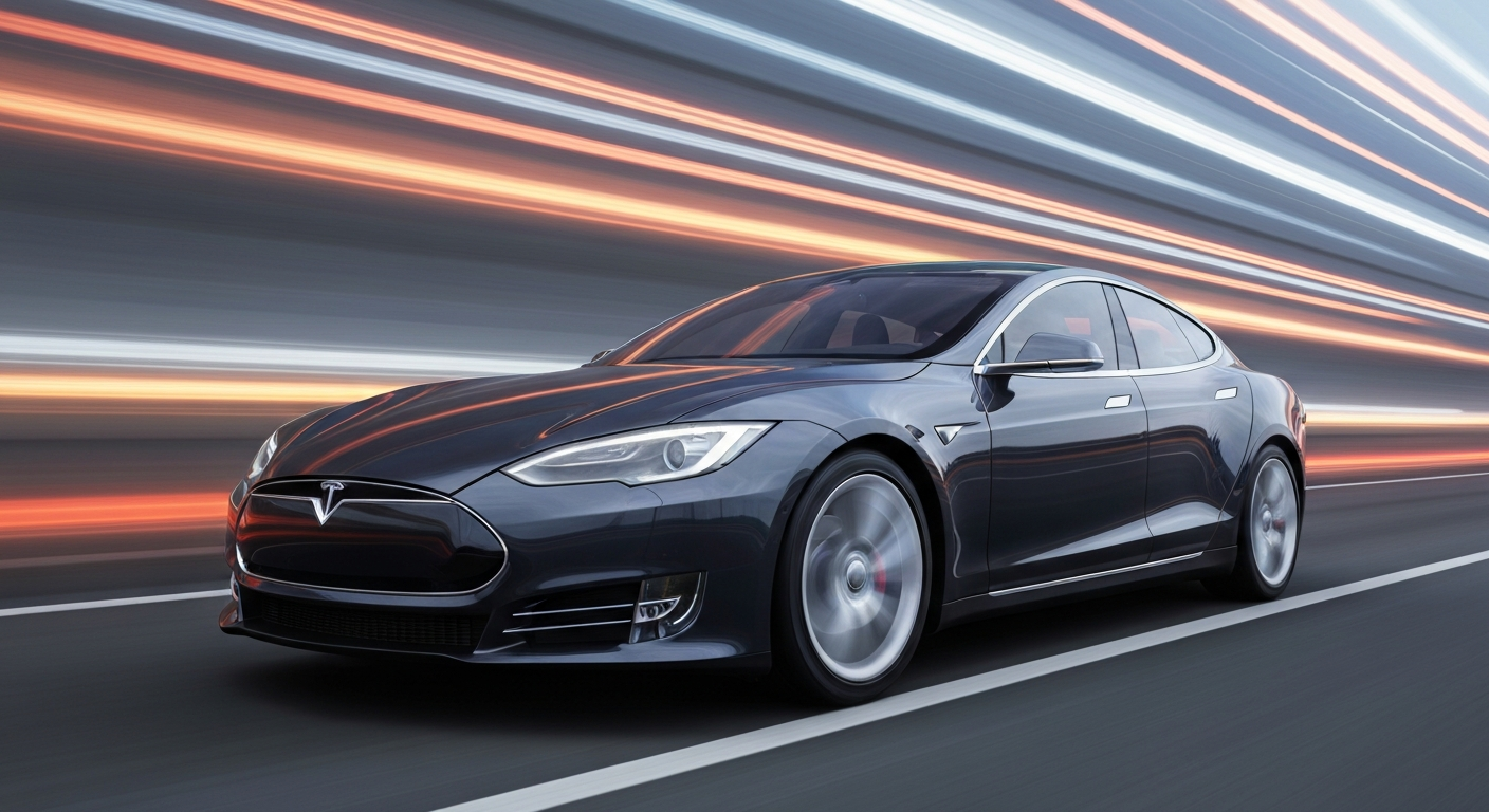 An abstract, blurred image of a Tesla Model S electric vehicle, its form reduced to streaks of vibrant color and motion, representing the company's shift away from traditional cars and towards a future of autonomous robotics.