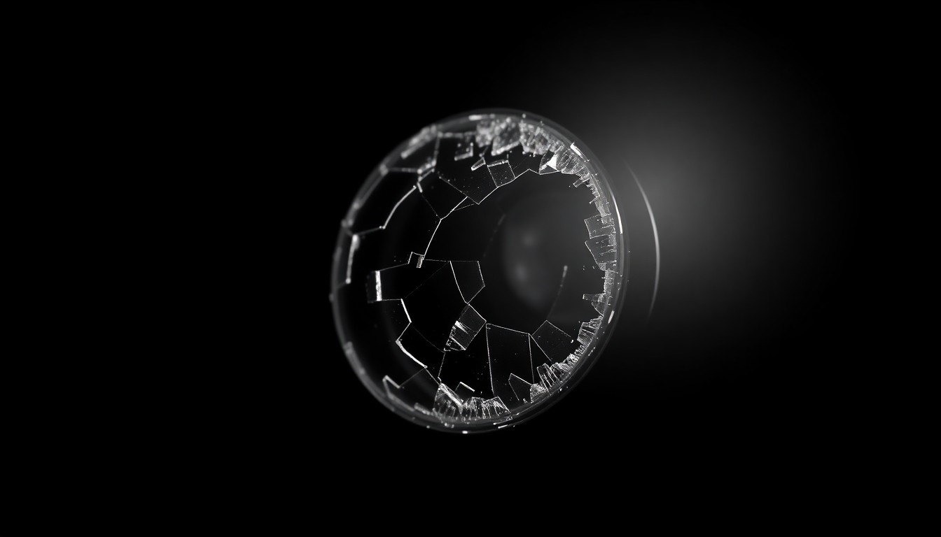 An extreme close-up of a shattered e-bike sensor lens against a pitch-black background, capturing the stark, gritty aftermath of a collision that left a newborn baby fighting for life.