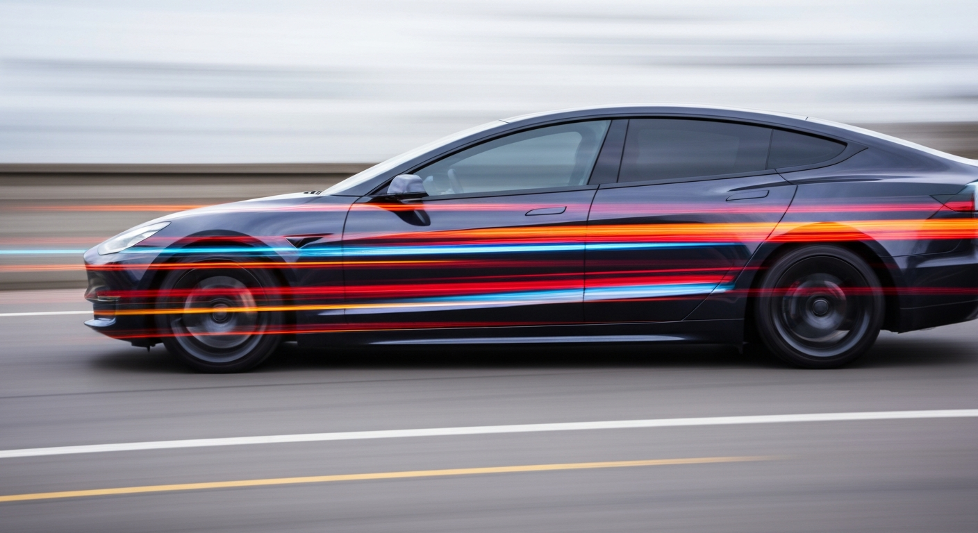 An abstract, motion-blurred image of a Tesla vehicle in vibrant shades of blue, red, and yellow, conveying the speed and technological advancements of autonomous driving while also highlighting the need for human vigilance and understanding of the system's limitations.