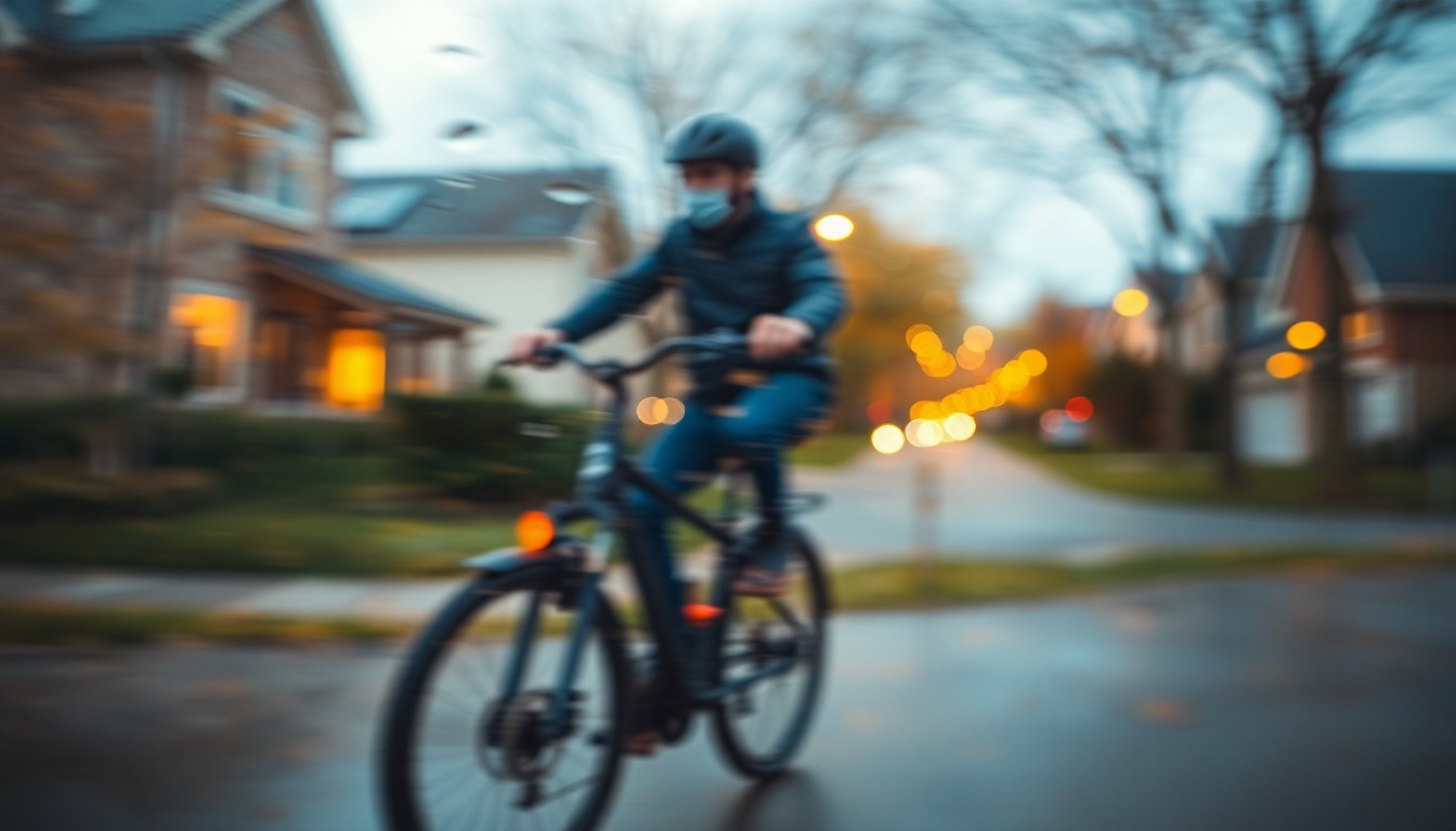 An abstract, impressionistic photograph of a blurred e-bike rider in a suburban neighborhood, with soft, warm pools of color and light, conceptually representing the safety concerns around this new mode of transportation.