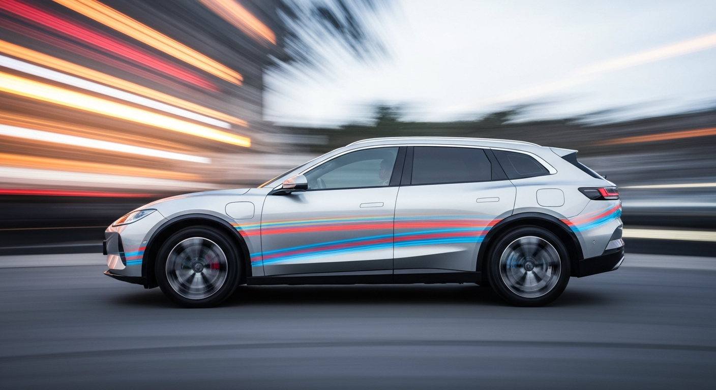 An abstract, blurred image of a Xiaomi YU7 electric SUV in motion, with streaks of vibrant colors representing the vehicle's speed and modern engineering.