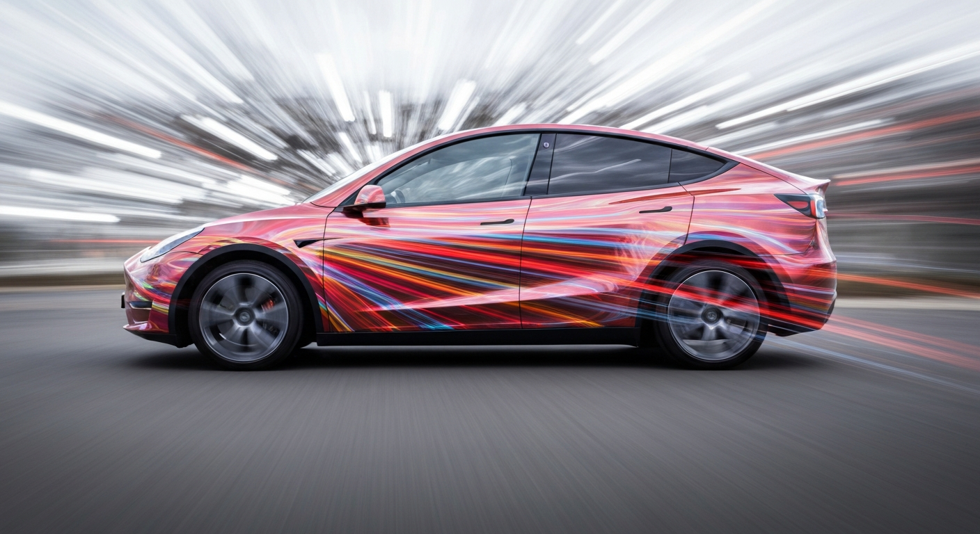 An abstract, motion-blurred image of a Tesla Model Y vehicle, with vibrant streaks of color representing the car's speed and advanced technology.