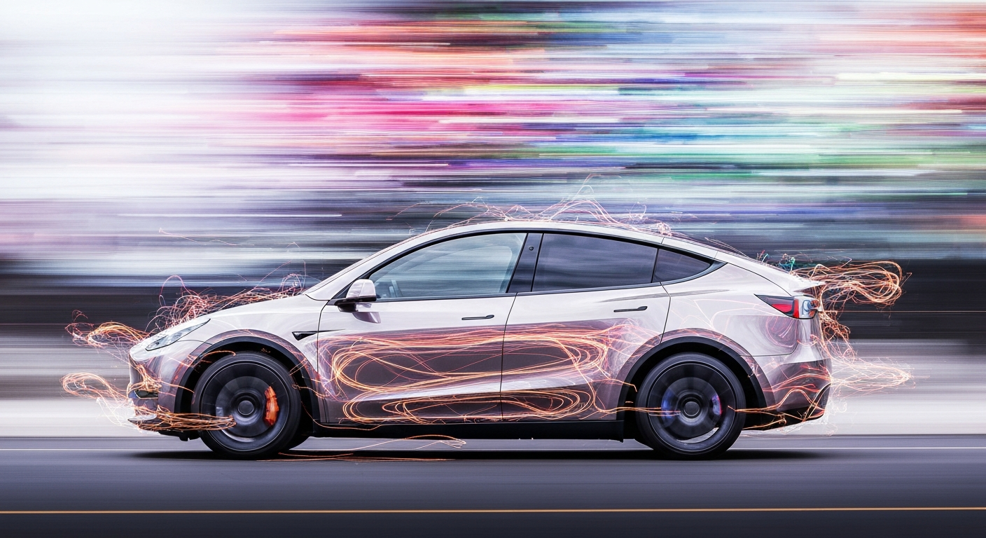 An abstract, blurred image of a Tesla electric vehicle in motion, with vibrant streaks of color and a sense of speed and modern engineering.