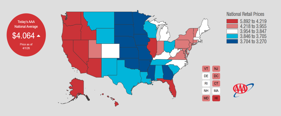 The price of a gallon of regular gasoline ranged from $3.27 to $5.89. 