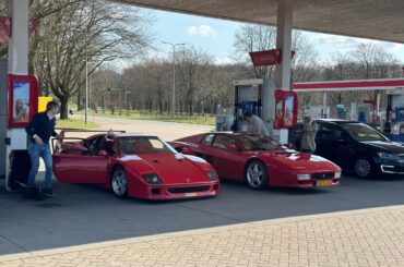 [Ferrari F40] and a [Mercedes 300SL Roadster] at a gas station in The Netherlands
