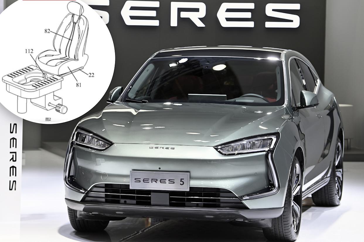 (Main) A Seres car. (Inset) Seres' in-vehicle toilet design.