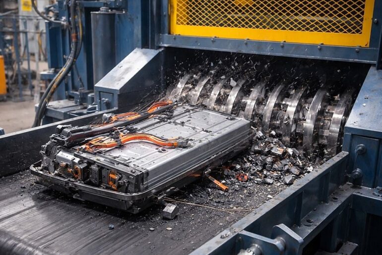 Electric vehicle battery getting shredded at recycling plant