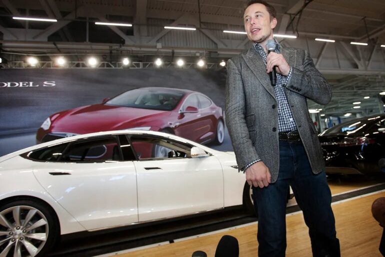 Tesla (TSLA) CEO Elon Musk presenting the Tesla Model S luxury electric sedan to the world in 2012 at the automaker