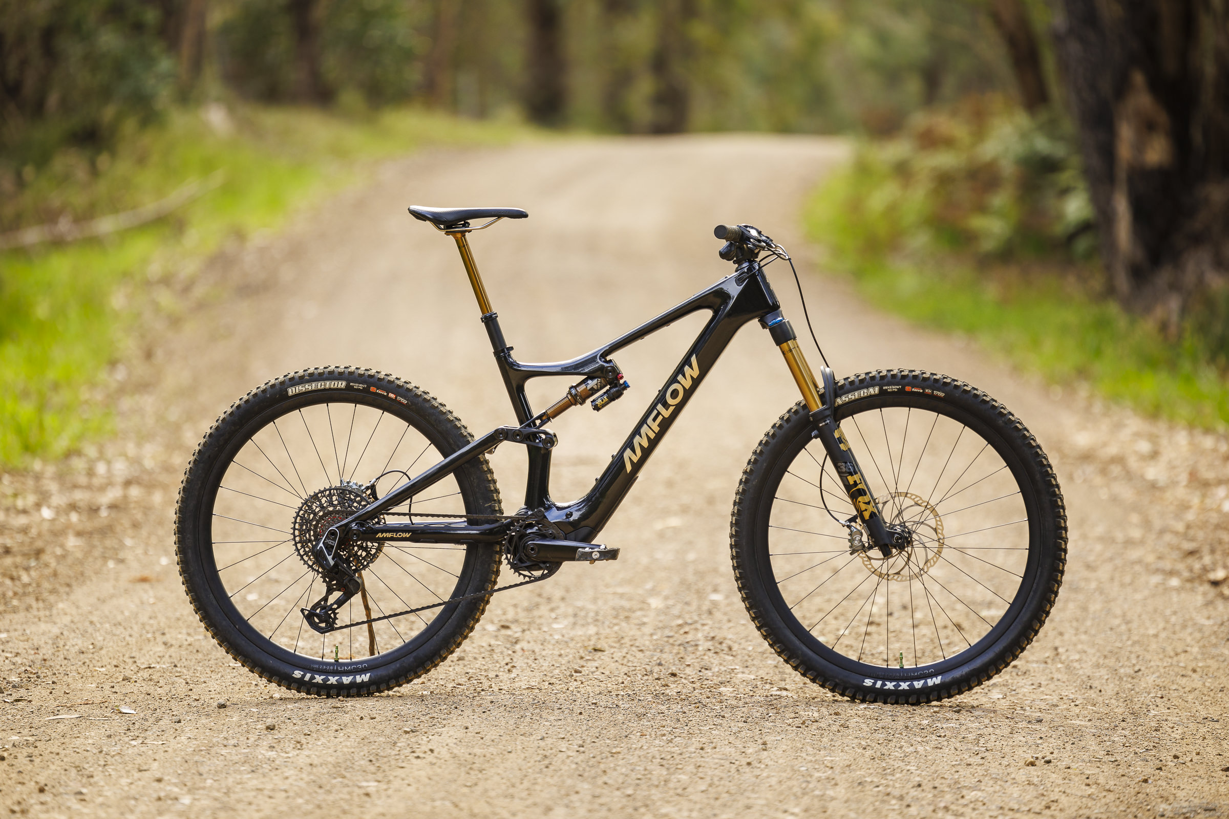 Amflow PL Carbon e-MTB with DJI Avinox M1 motor riding mountain bike trail during Flow review
