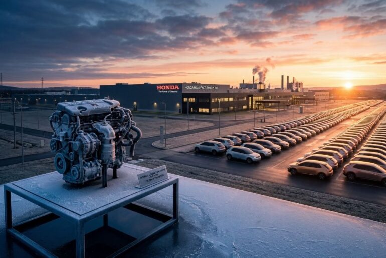 A cinematic wide shot of a Honda manufacturing plant at dawn