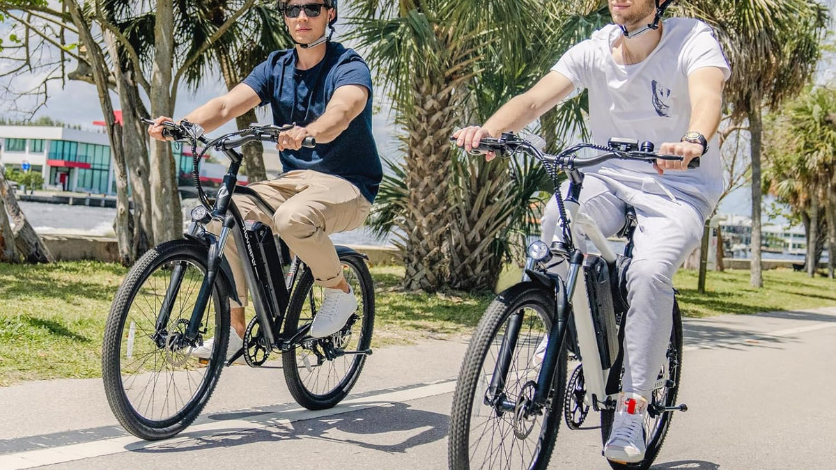 Two men riding bicycles on a road