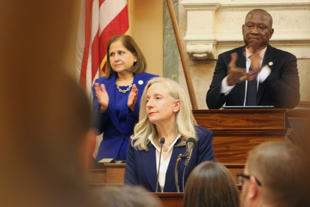 Virginia Gov. Abigail Spanberger speaks during a Joint Session of the General Assembly. Credit: Charles Paullin/Inside Climate News