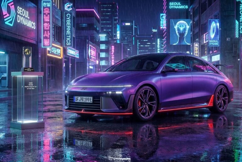 Hyundai IONIQ 6N Parked Under Neon Lights