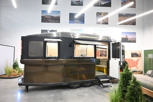 A floor model of an electric camp trailer made by Lightship RV is displayed at the company's manufacturing facility in Broomfield, Colorado, on March 3, 2026. (Photo by RJ Sangosti/The Denver Post)