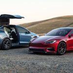 Tesla Model S in Ultra Red and Tesla Model X in Frost Blue Metallic color.