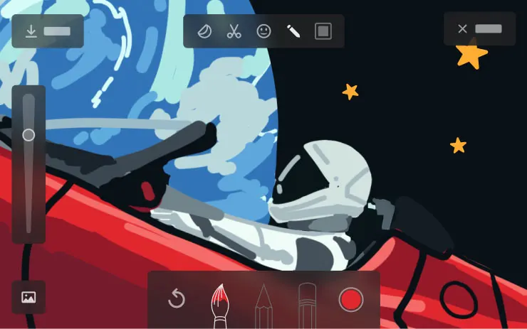 Roadster in space drawn on Tesla Sketchpad (upgraded in 2026 Spring Update).