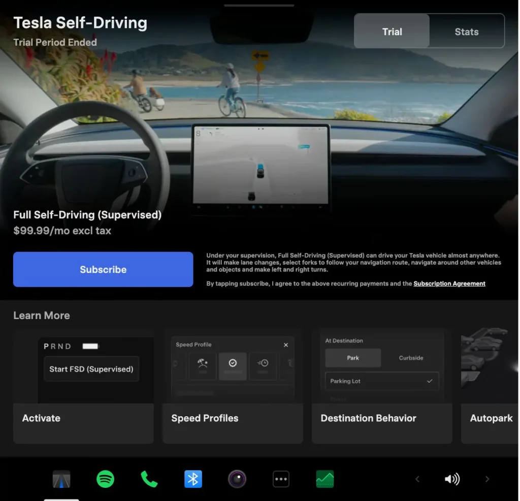 Tesla Self-Driving App (in-car) to manage your FSD Trial and Subscription options.