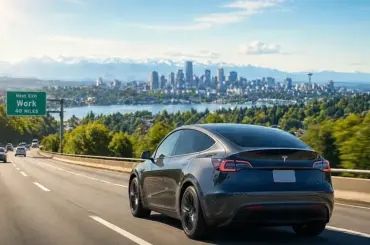 Tesla Model Y driving to a city on an interstate, long commute.