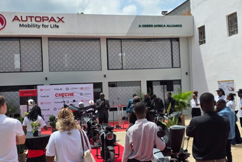 Autopax unveils the Cheche electric motorcycle during a launch event in Nairobi, alongside its battery-swapping infrastructure rollout.