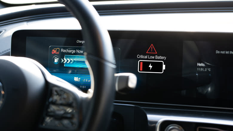An electric car's dahsboard showing a low battery warning.