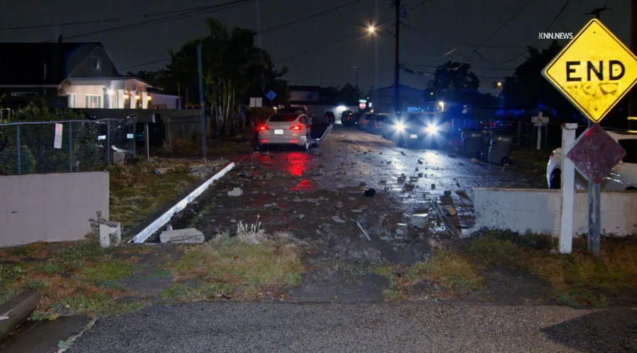 Video obtained by KTLA shows a vehicle driving straight into a concrete barrier in Hawaiian Gardens late Tuesday, March 31, 2026. (KNN)