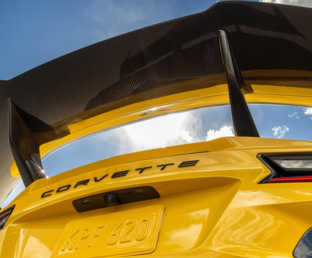 2025 Chevrolet ZR1 Yellow Rear Wing Low-Angle Close-Up