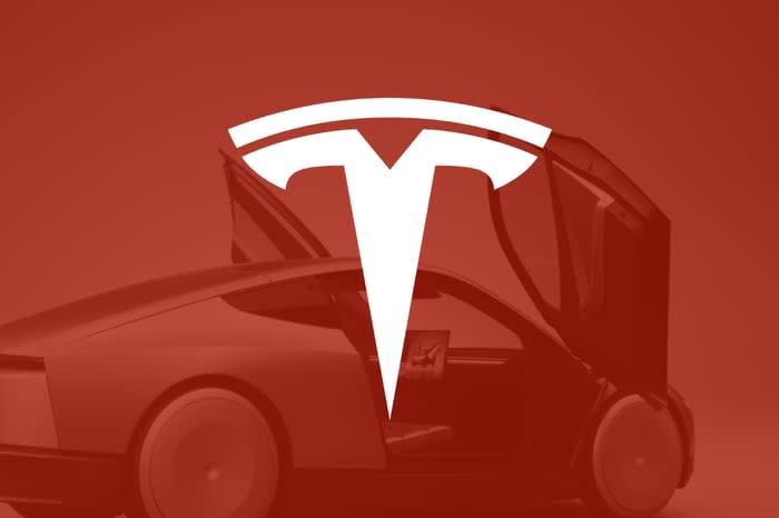 The Tesla logo with a Cybercab in the background.