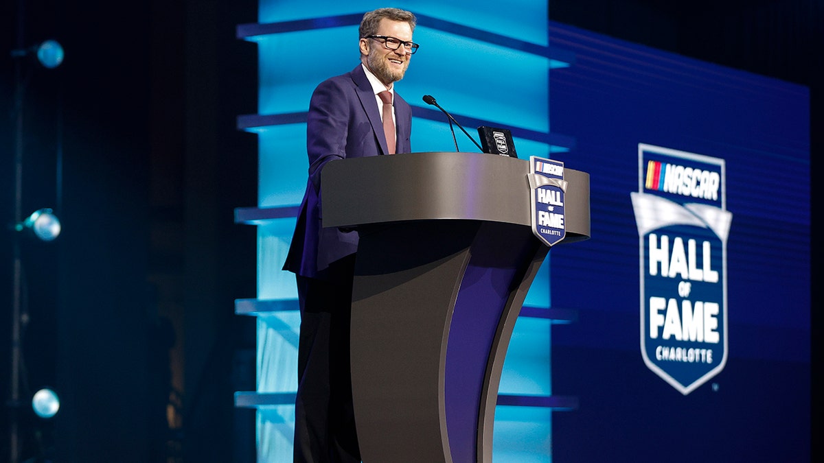 Dale Earnhardt Jr. speaking at NASCAR Hall of Fame induction ceremony in Charlotte North Carolina