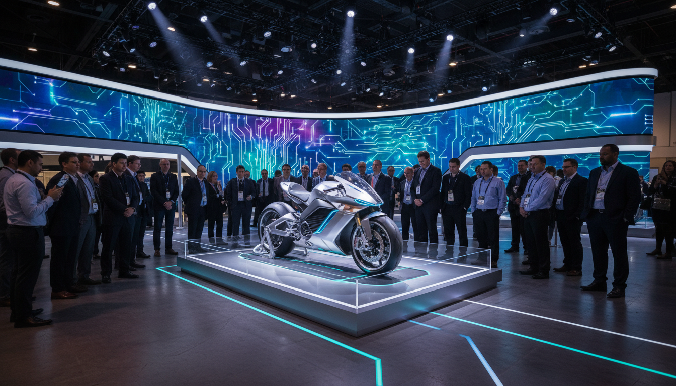 Donut Lab booth at CES 2026 in Las Vegas featuring the solid-state battery motorcycle prominently