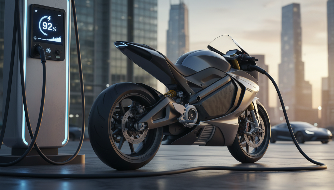 Electric motorcycle with solid-state battery at a 5-minute fast charging station