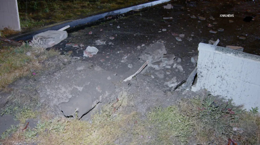 Video obtained by KTLA shows a vehicle driving straight into a concrete barrier in Hawaiian Gardens late Tuesday, March 31, 2026. (KNN)