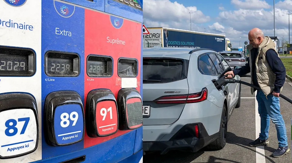 Photo of gas prices at pump and photo of man charging his EV