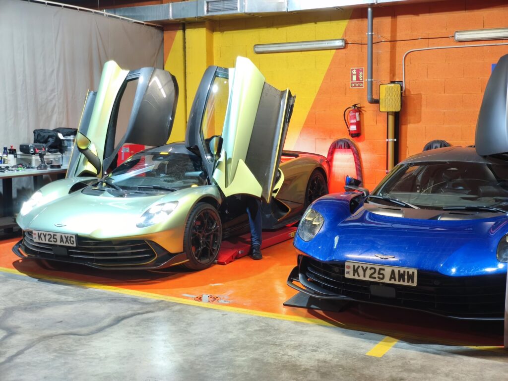 Two [Aston Martin Valhalla] in a hotel's parking garage in Andalucia