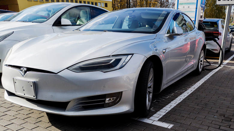 A Tesla Model S at a charging station