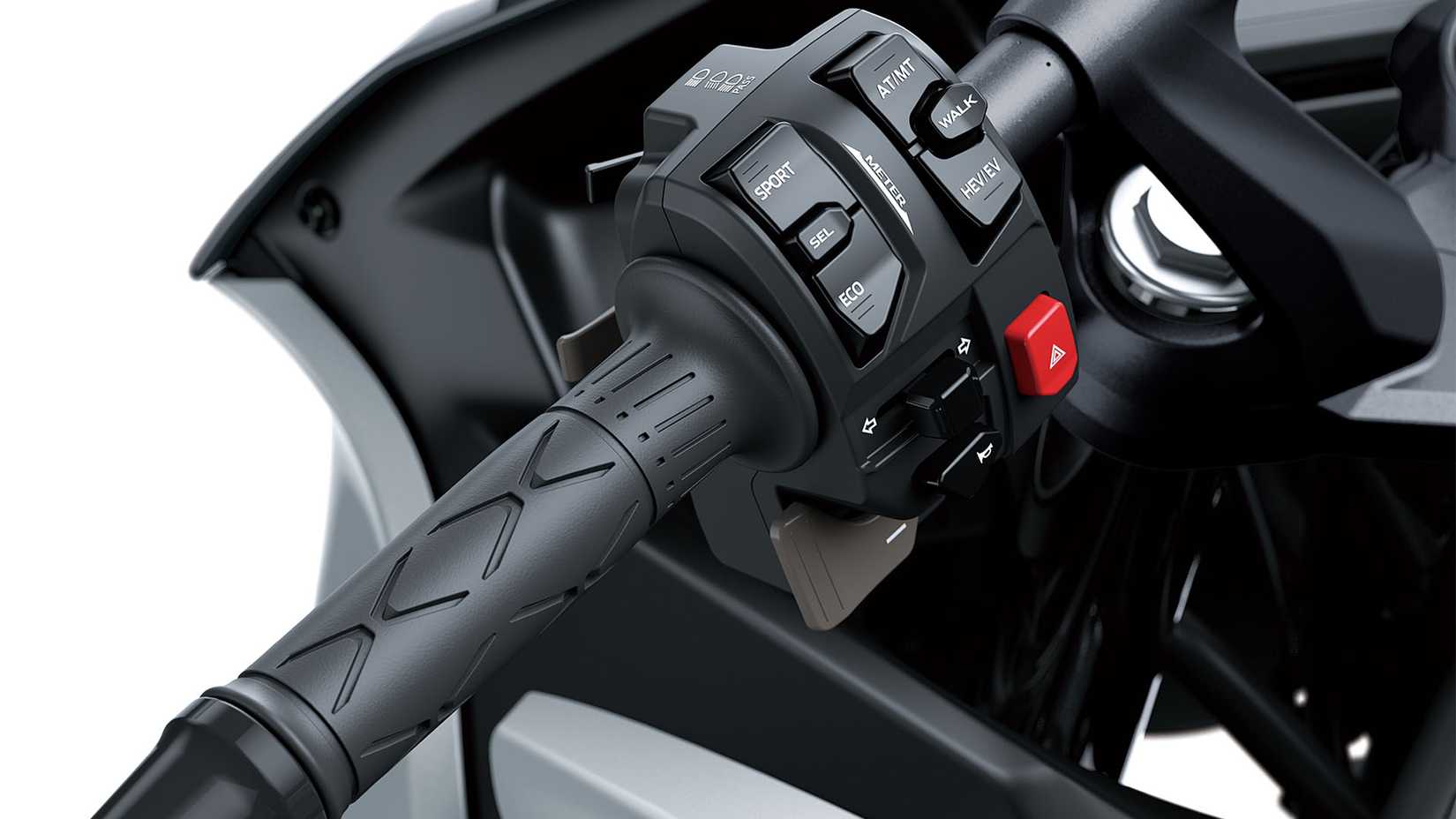 Close-up of a Kawasaki Ninja 7 Hybrid Left Switch Control