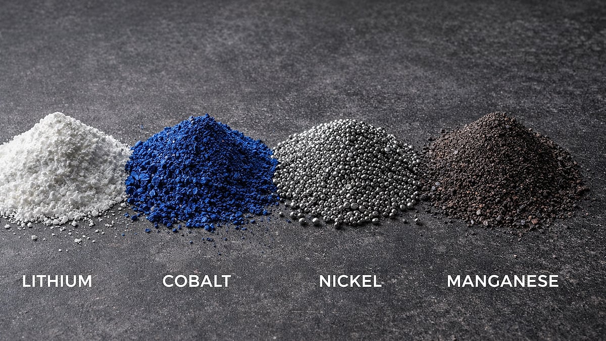 Piles of recovered lithium, cobalt, nickel, and manganese