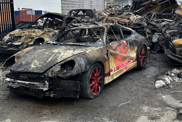 Spotted [multiple] burnt porsches, an earthroamer and some other stuff at a burnt down dealer