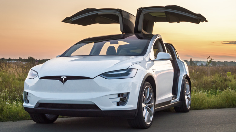 A white Tesla Model X with open falcon wing doors