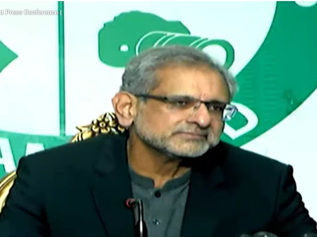 former prime minister shahid khaqan abbasi addresses a press conference in islamabad s national press club on saturday screengrab
