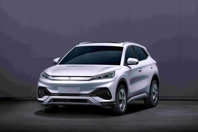 A silver BYD SUV EV.