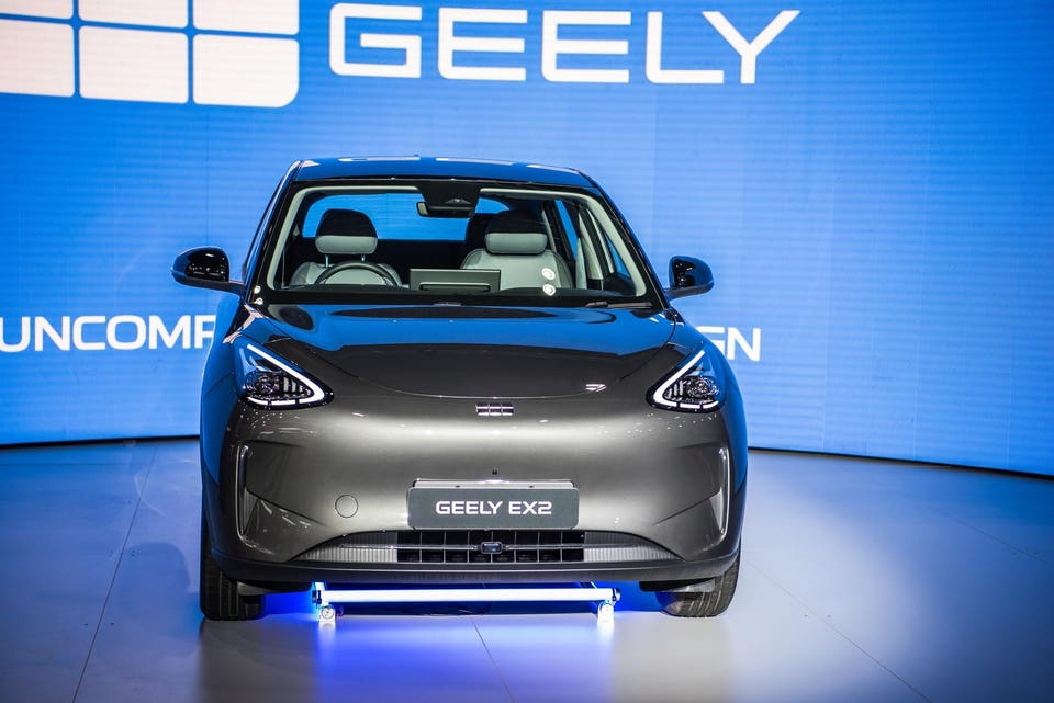 Geely EX2 model is seen displayed during media launch at the