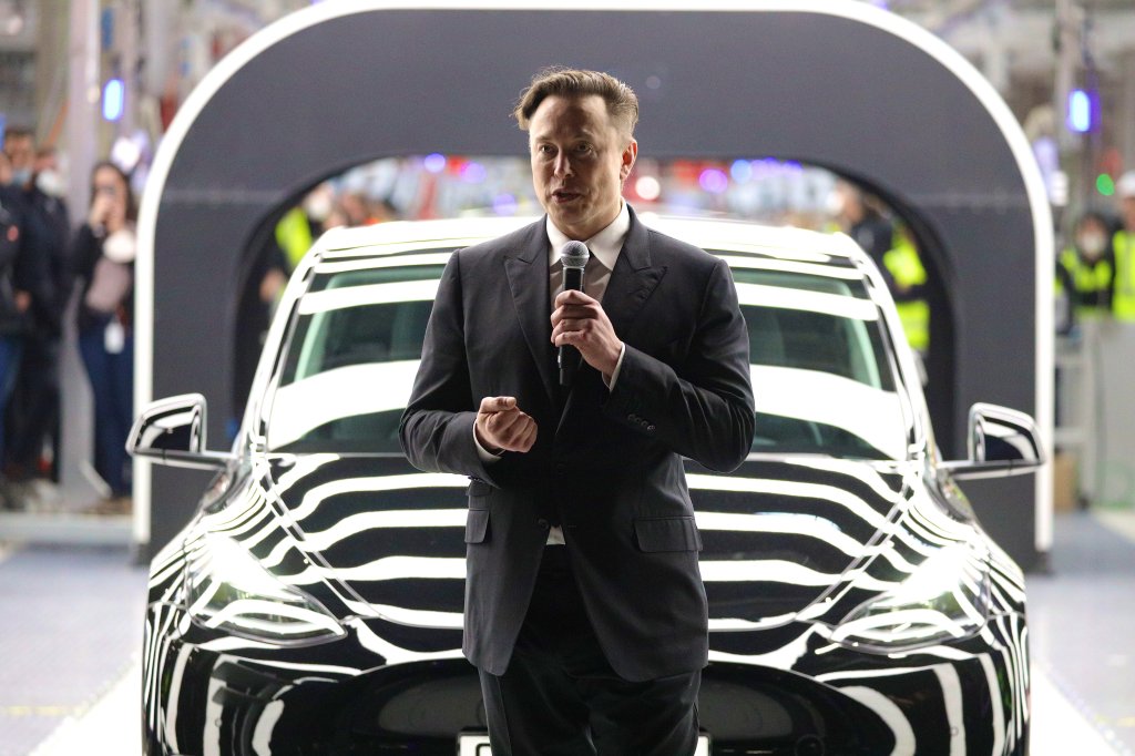 Elon Musk speaking at the official opening of the new Tesla electric car manufacturing plant in Gruenheide, Germany.