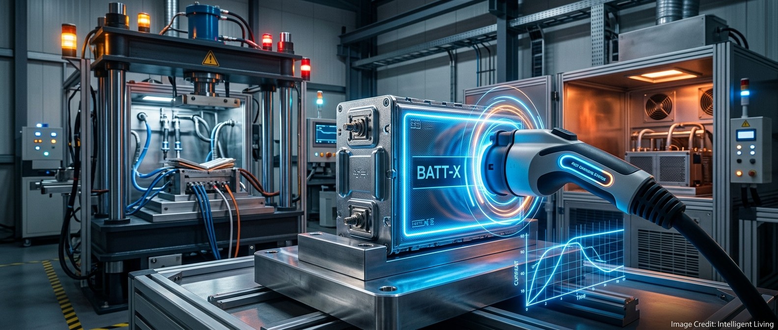 Close-up advanced battery imagery with charging hardware, performance curves, and a rugged industrial testing environment illustrating energy density, battery safety, and real-world EV charging.