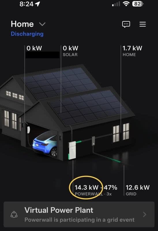An app shows kilowatts eligible for compensation under Tesla's Virtual Power Plant program. 