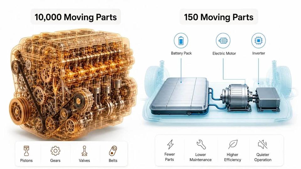 EVs trade mechanical complexity for electrical simplicity, drastically reducing the number of moving parts from 10,000 to just 150.