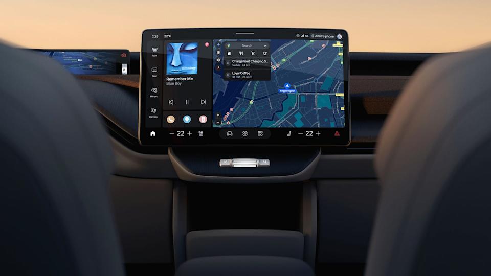 Car dashboard with navigation and media display.